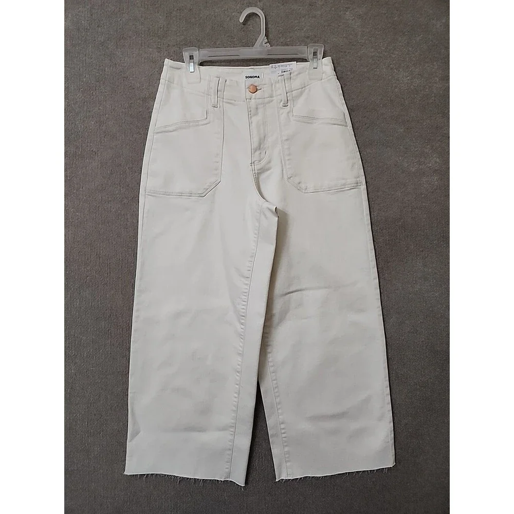 Sonoma Wide Leg Jeans Womens 6 Polar Beige Patch Pockets Raw Hem Utility NEW